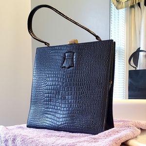 Italian Palizzio Vintage Luxury Black Leather Hangbag with Bright Red Lining